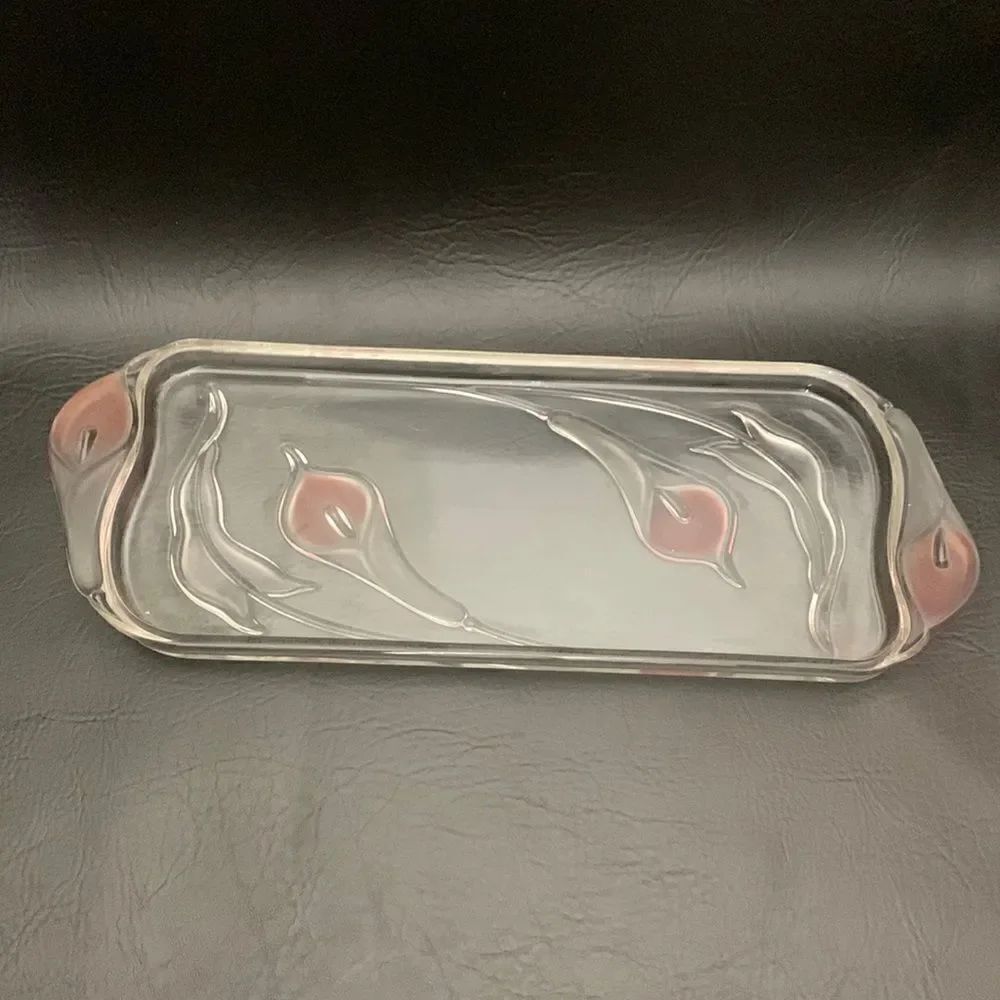 Serving Tray Glass Pink Clear Raised Tulip Embossed Bottom Appetizer Vanity